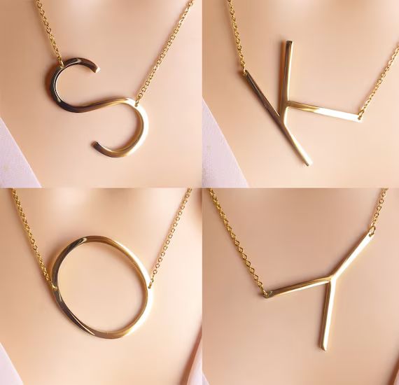 Gold large sideways initial necklace, big capital letter necklace, gold monogram letter necklace,... | Etsy (US)