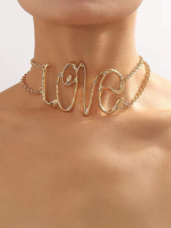 1pc European And American Style Exaggerated 'love' Alphabet Short Necklace For Women, Vintage Hip... | SHEIN