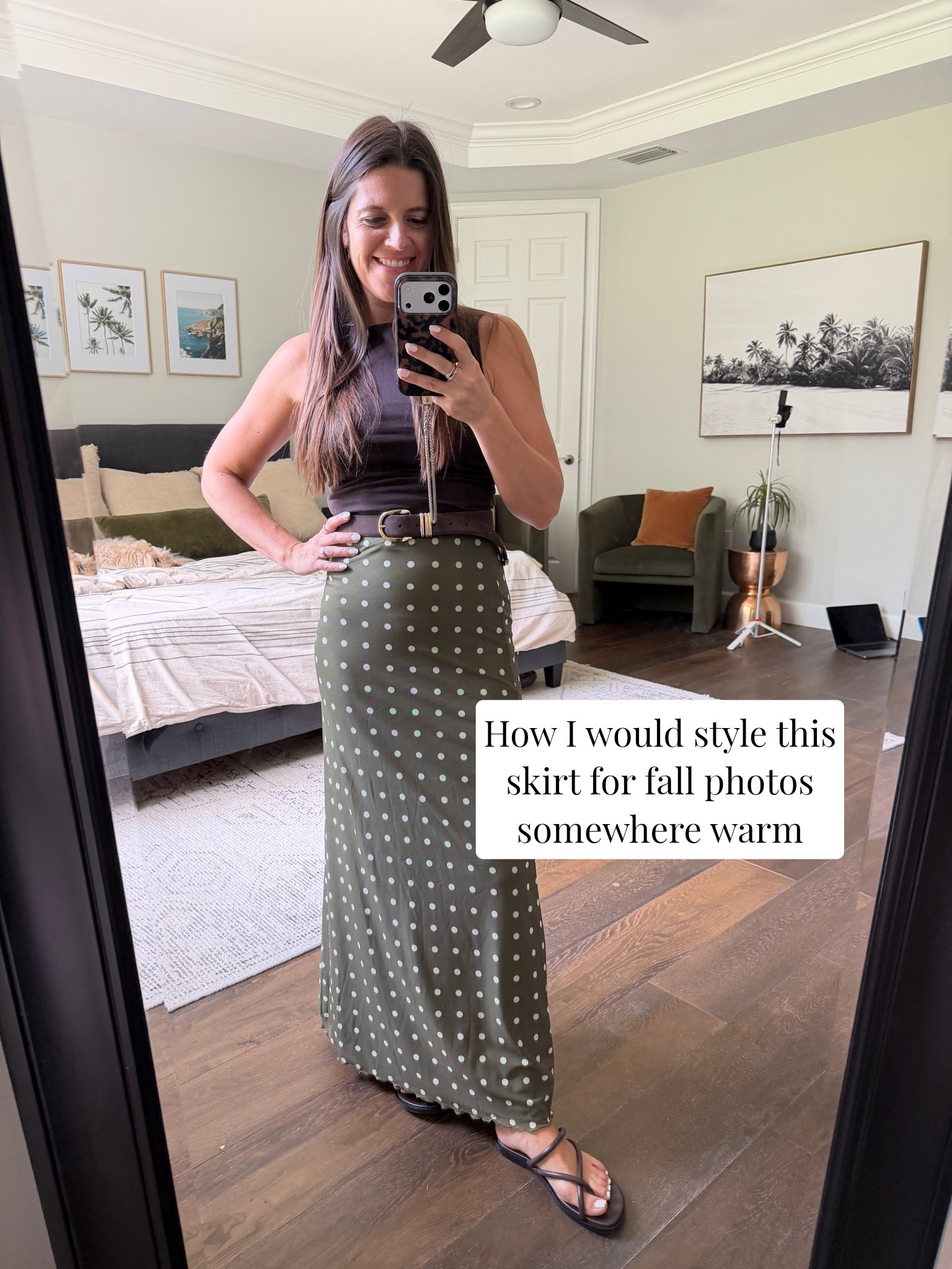 Fall in FL without sweating through your family photos. 

Fall outfit for warm weather: Petal and Pup olive satin maxi skirt, brown tank, sandals, suede belt.

fall outfit for Florida, fall outfit for Arizona, warm weather fall outfit, Petal and Pup skirt, skirt with tank top, maxi skirt and sandals, olive polka dot skirt, lightweight fall outfit, fall family photos in warm climate, suede belt outfit