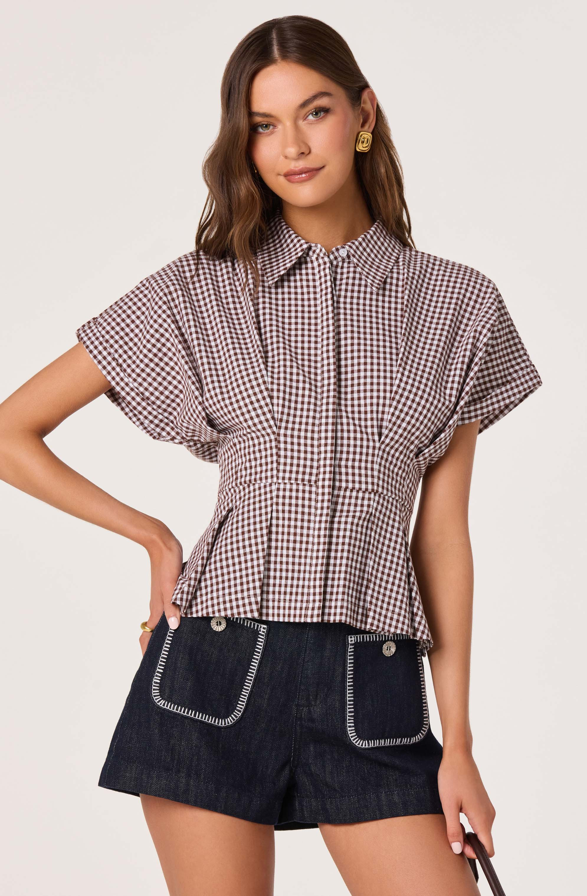 Beck Pleated Button-Front Top - Brown gingham / XS | ASTR The Label (US)