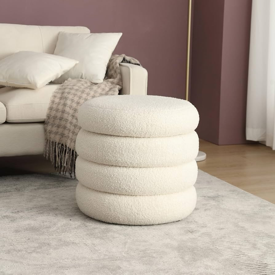 Modern Round Storage Ottoman Coffee Table Boucle Fabric, Large Sherpa Ottoman Footstool with Stri... | Amazon (US)