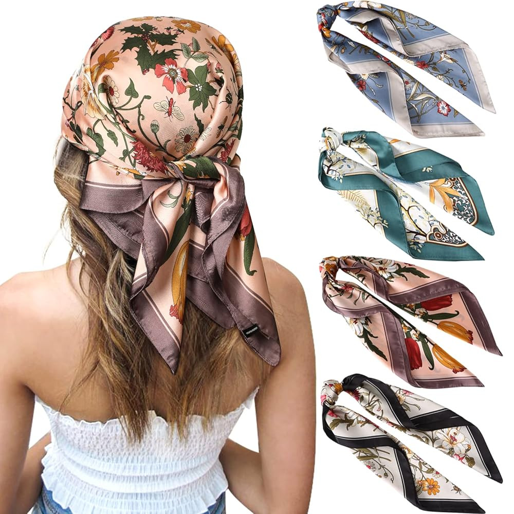 CHLINS 27 Inches Silk Feeling Square Head Scarf - 4 Pcs Satin Square Head Scarves for Women Hair ... | Amazon (US)