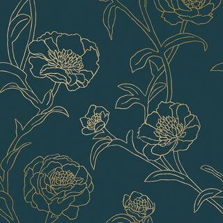 Tempaper Peonies Peacock Blue & Gold Peel and Stick Wallpaper (Covers 28 Sq. Ft.) PE10633 - The H... | The Home Depot