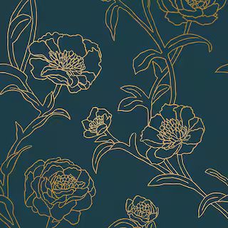 Tempaper Peonies Peacock Blue & Gold Peel and Stick Wallpaper (Covers 28 Sq. Ft.) PE10633 - The H... | The Home Depot