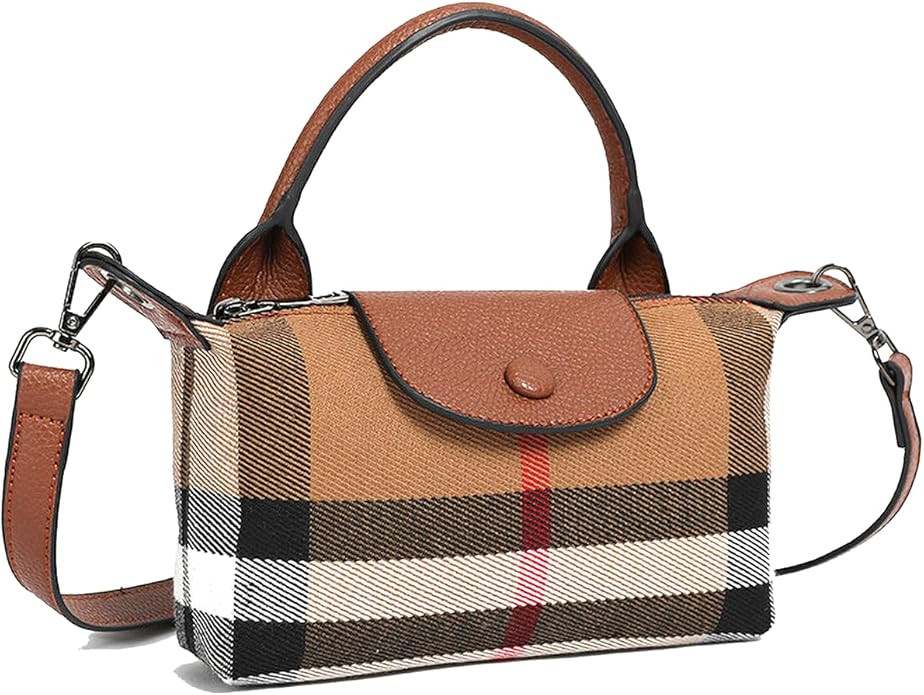 Small Size Luxury Plaid Women's Top Handle Handbag Canvas and Leather Mini Contrasting Colors Sat... | Amazon (US)