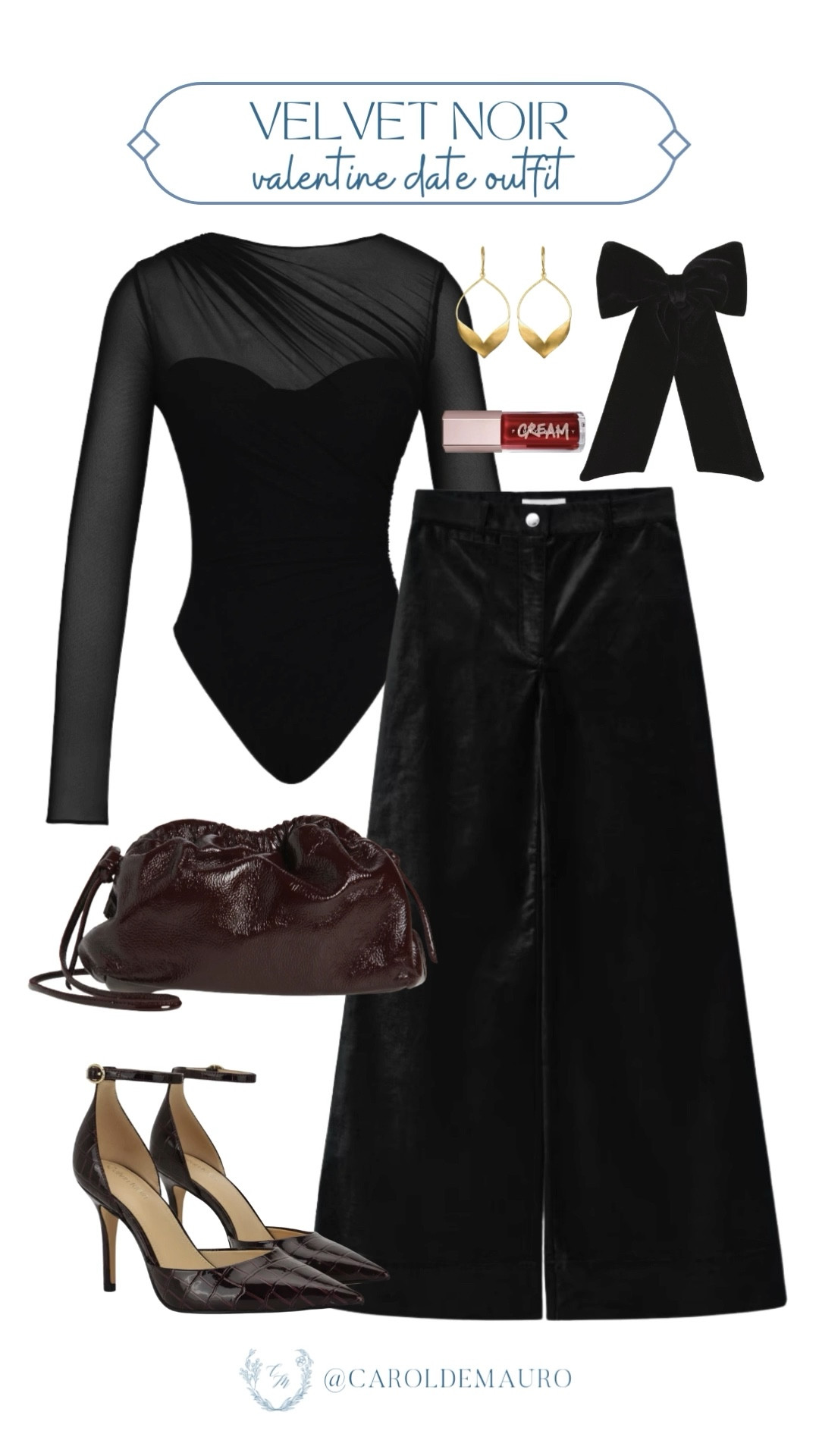 Spice things up for your Valentine's look this year with this edgy outfit! Style a mesh long sleeve bodysuit top with flared velvet trousers and ankle strap heels. Accessorize your hair with a cute black bow and wear timeless gold earrings.

valentines outfit, hearts day, all black style, ootd, date night look, coquette core, romantic style, girls nightout

#LTKSeasonal #LTKFindsUnder50 #LTKU