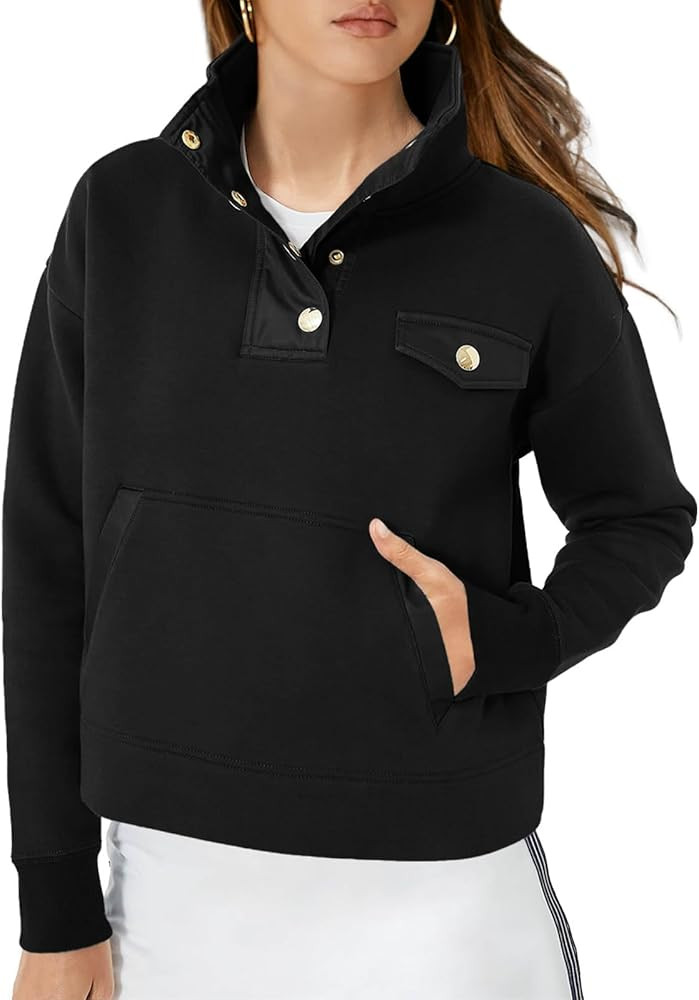 Fisoew Womens Fall Cropped Sweatshirt Casual Button Up Long Sleeve Pullover with Pockets | Amazon (US)