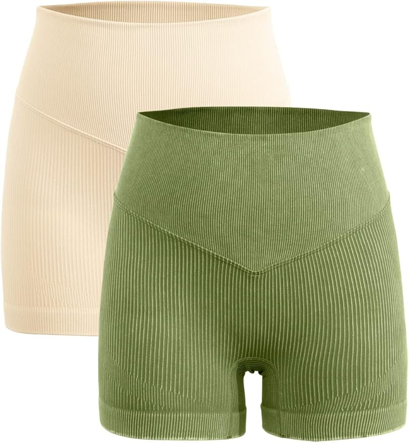 QINSEN Womens 2 Pack High Waist Biker Shorts Seamless Ribbed Tummy Control Yoga Shorts | Amazon (US)