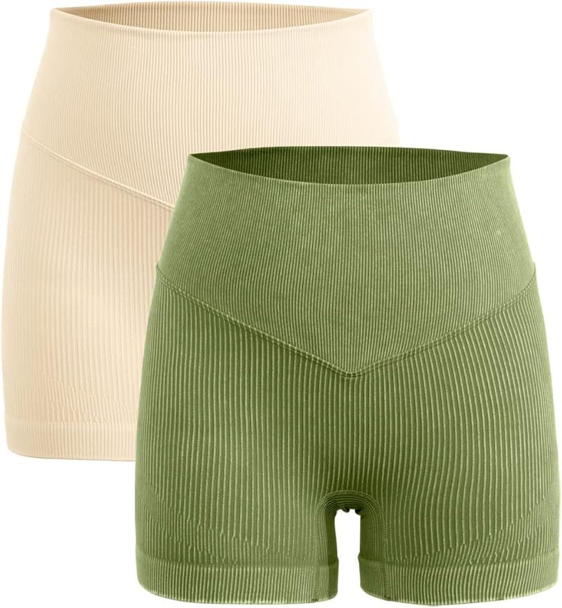 QINSEN Womens 2 Pack High Waist Biker Shorts Seamless Ribbed Tummy Control Yoga Shorts | Amazon (US)