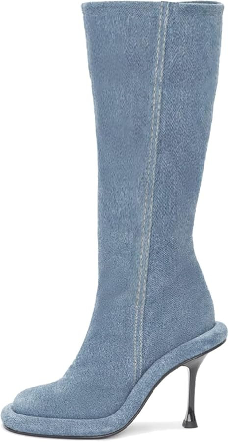 Goolita Stiletto Heel Denim Boots For Women, Round Toe Side Zipper Elastic Knee High Boots Sexy D... | Amazon (US)