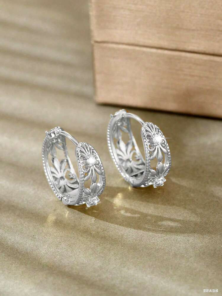 1 Pair Luxury Copper Zirconia Hollow Geometric Floral Hoop Earrings, Fashionable & Elegant Gift For Women, Birthday & Date | SHEIN