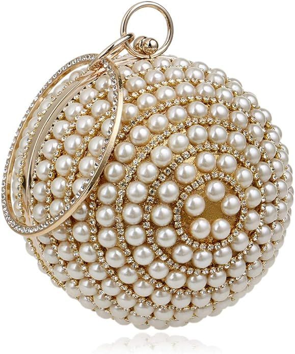 Tngan Womens Evening Bag Round Ball Wedding Handbag Artificial Pearl Purse Golden | Amazon (US)