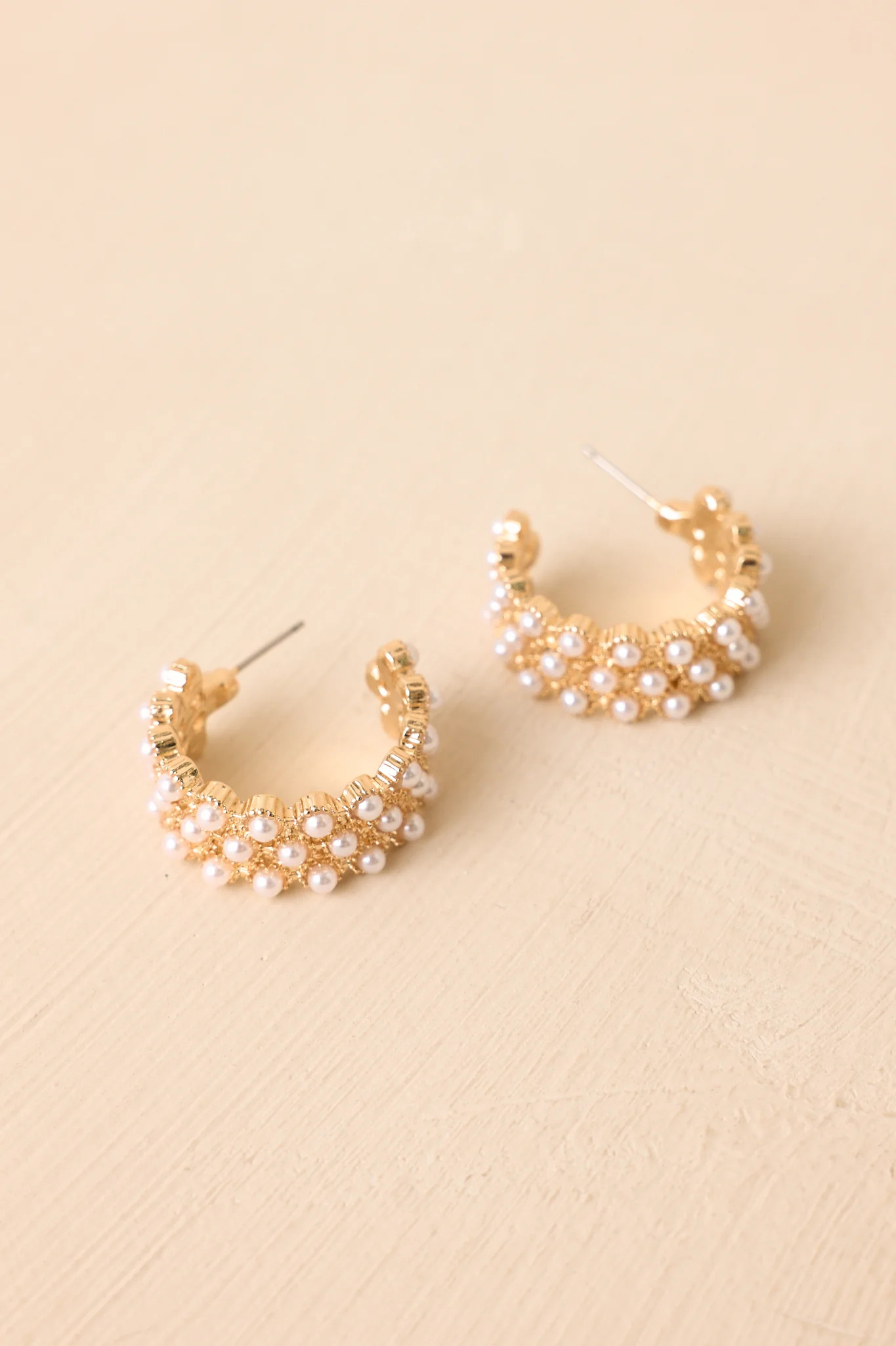 Pearls and Prosecco Gold Pearl Hoop Earrings | Red Dress