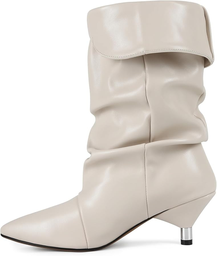 Womens Slouchy Mid Calf Boots for Women Kitten Heel with Pointed Toe Pull On Boots Fall Booties | Amazon (US)