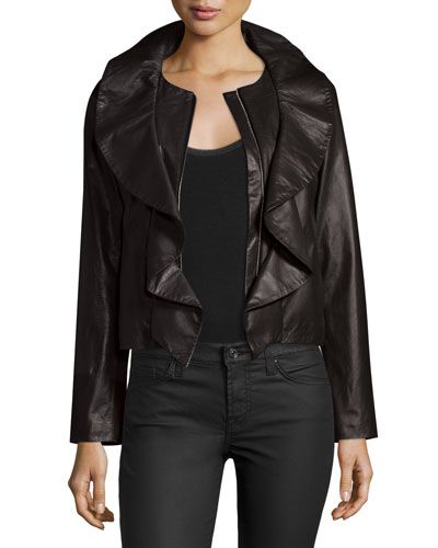 Lightweight Ruffle-Collar Leather Jacket, Black | Neiman Marcus