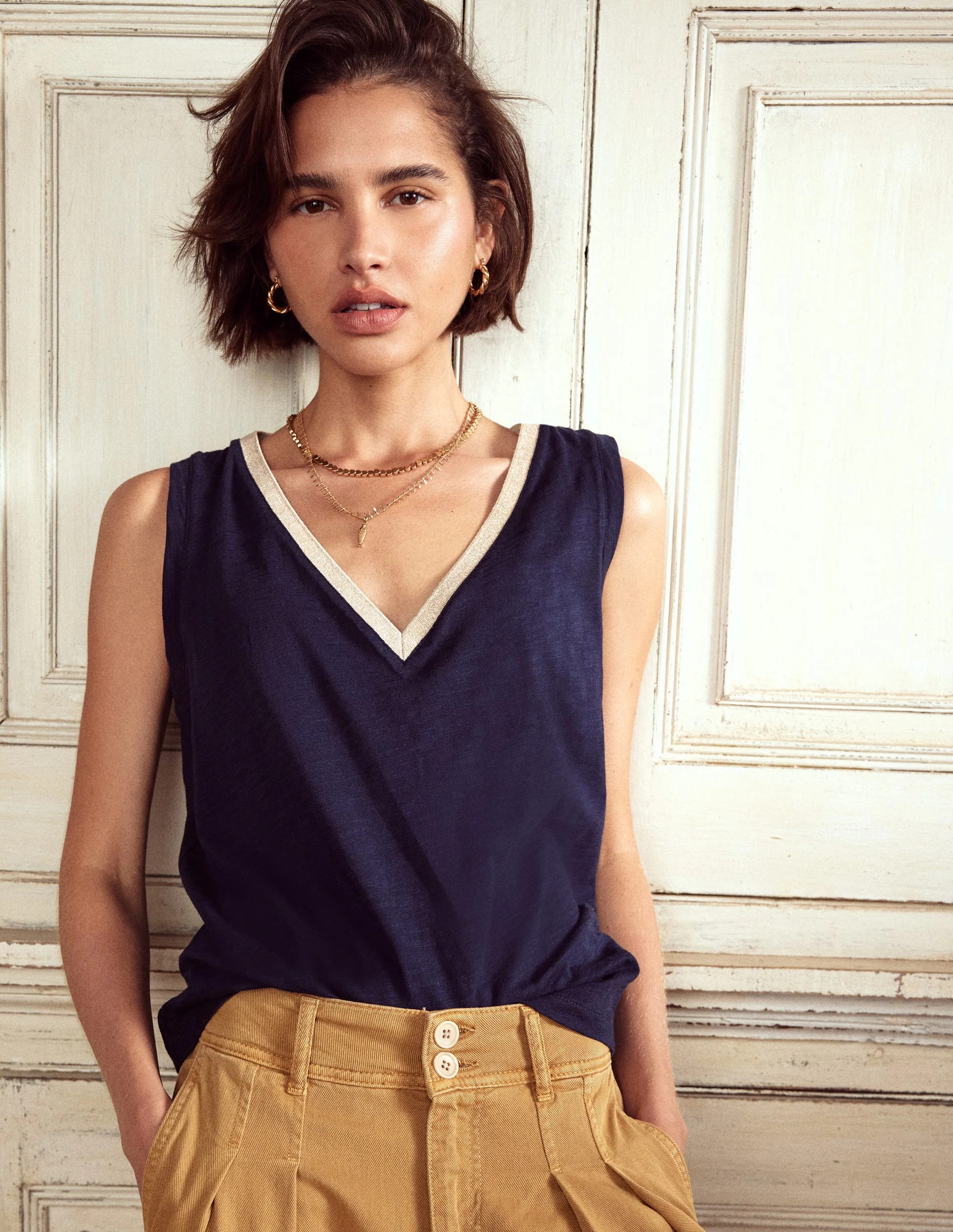 Metallic Trim V Neck Vest-Navy | Boden UK