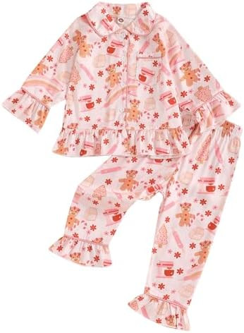 Baby Girl Christmas Pajama Set Long-Sleeve Button Shirt and Pants 2PCS Ruffles Trim Loungewear Xm... | Amazon (US)