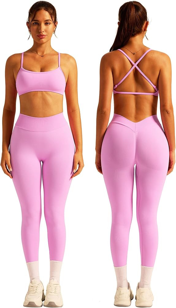 ABOCIW 2 Piece Workout Sets for Women Seamless Strappy Sports Bra V Scrunch Butt Lifting High Wai... | Amazon (US)
