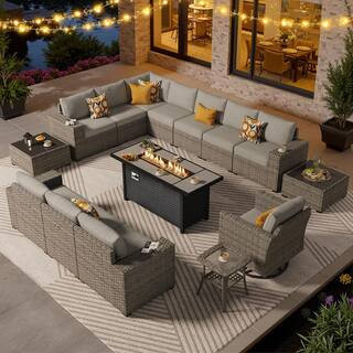 Solara 15 Pieces Wicker Outdoor Patio Fire Pit Conversation Sectional Sofa Set and with Gray Cushions | The Home Depot
