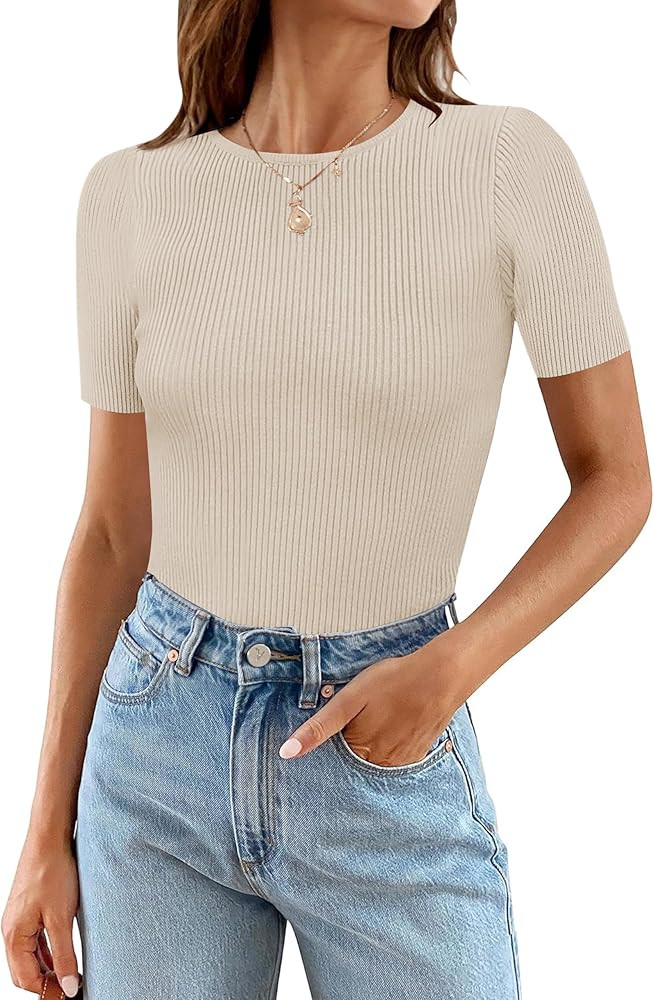 MEROKEETY Women's Short Sleeve Crewneck Bodysuits Summer Ribbed Knit Tops Slim Fit Body Suit | Amazon (US)