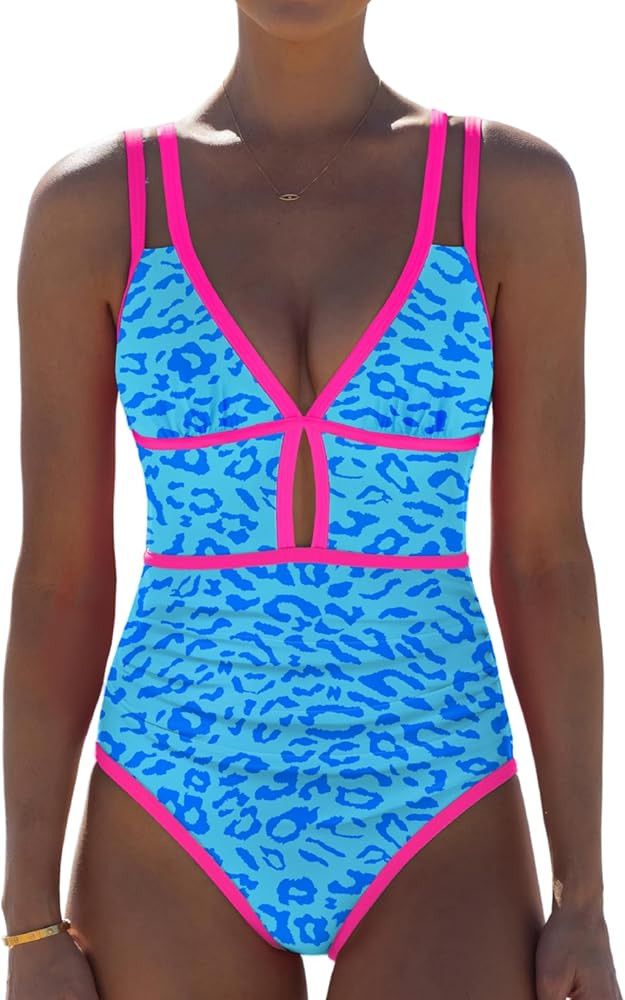 popvil Women One Piece Swimsuit 2026 Tummy Control Sexy Cutout Neon Color Block Bathing Suit Slim... | Amazon (US)