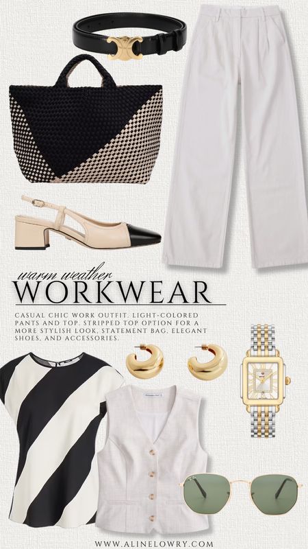 Warm weather workwear. CASUAL CHIC WORK OUTFIT. LIGHT- COLORED PANTS AND TOP. STRIPPED TOP OPTION FOR A MORE STYLISH LOOK, STATEMENT BAG. ELEGANT SHOES. AND ACCESSORIES


#LTKU #LTKstyletip #LTKworkwear