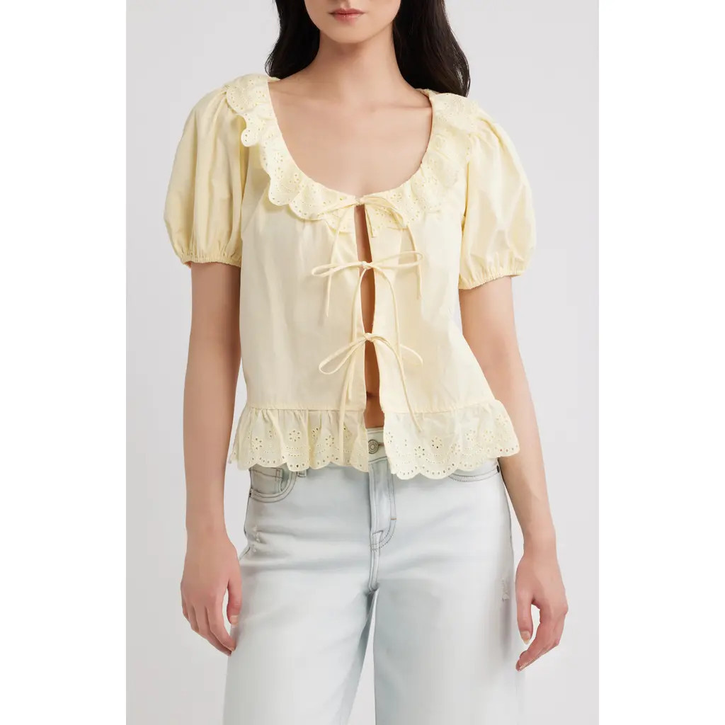 Petal & Pup Aspen Tie Front Cotton Eyelet Embroidered Top in Mango at Nordstrom, Size Medium | Nordstrom