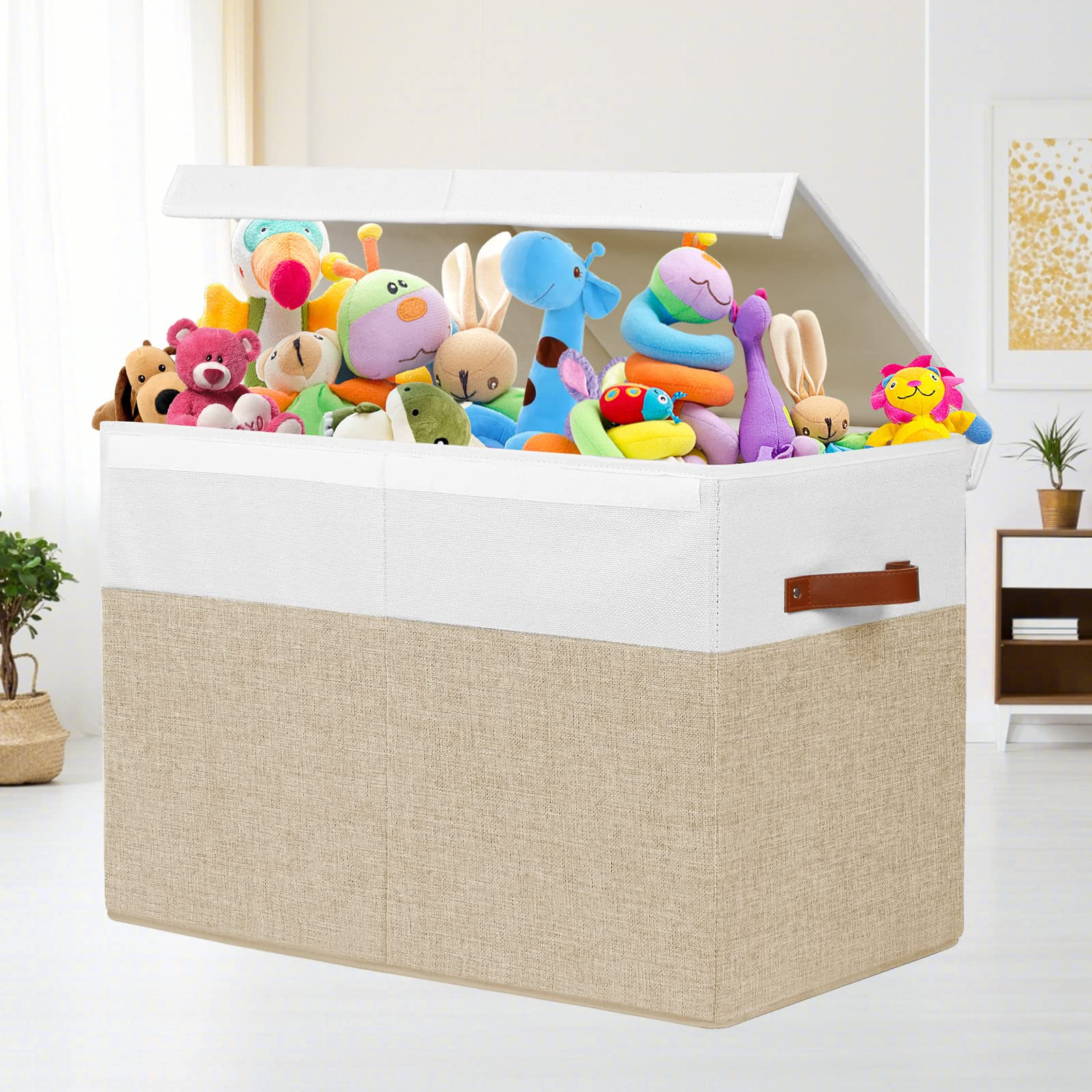 Amazon.com: Gowee Large Toy Storage Box with Lid, Sturdy Toys Storage Chest Bin Organizer Basket with Dividers for Kids, Boys, Girls, Nursery, Closet, Bedroom, Playroom 25"x13" x16" (Beige and White) : Baby | Amazon (US)