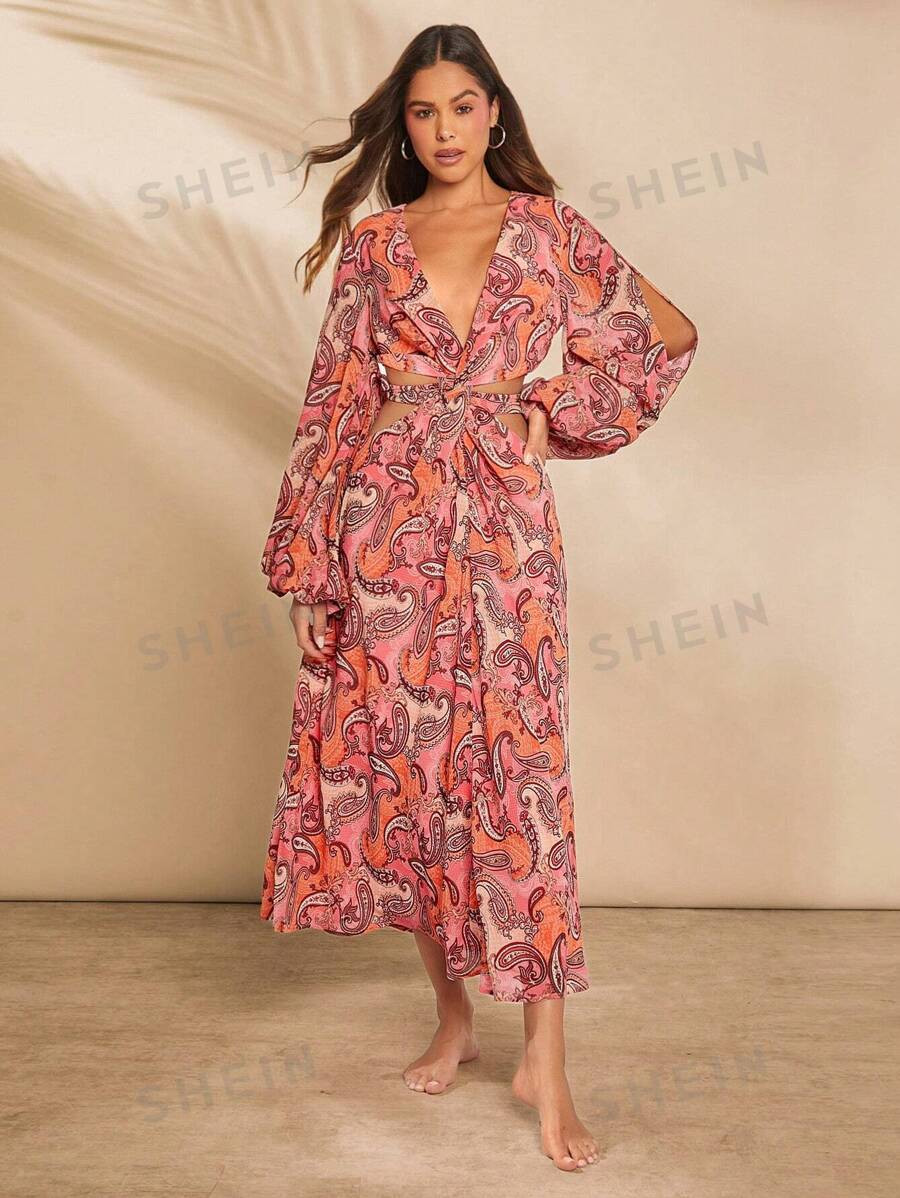SHEIN Haute Paisley Print Twist Cut Out Waist Spring Summer Dress For Music Festival | SHEIN