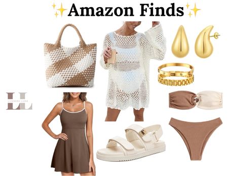 Amazon vacation outfits, swimsuit, bikini, gold jewelry, bag, neutral style, cover up, travel, beach trip, sandals 

#LTKstyletip #LTKsalealert #LTKswim