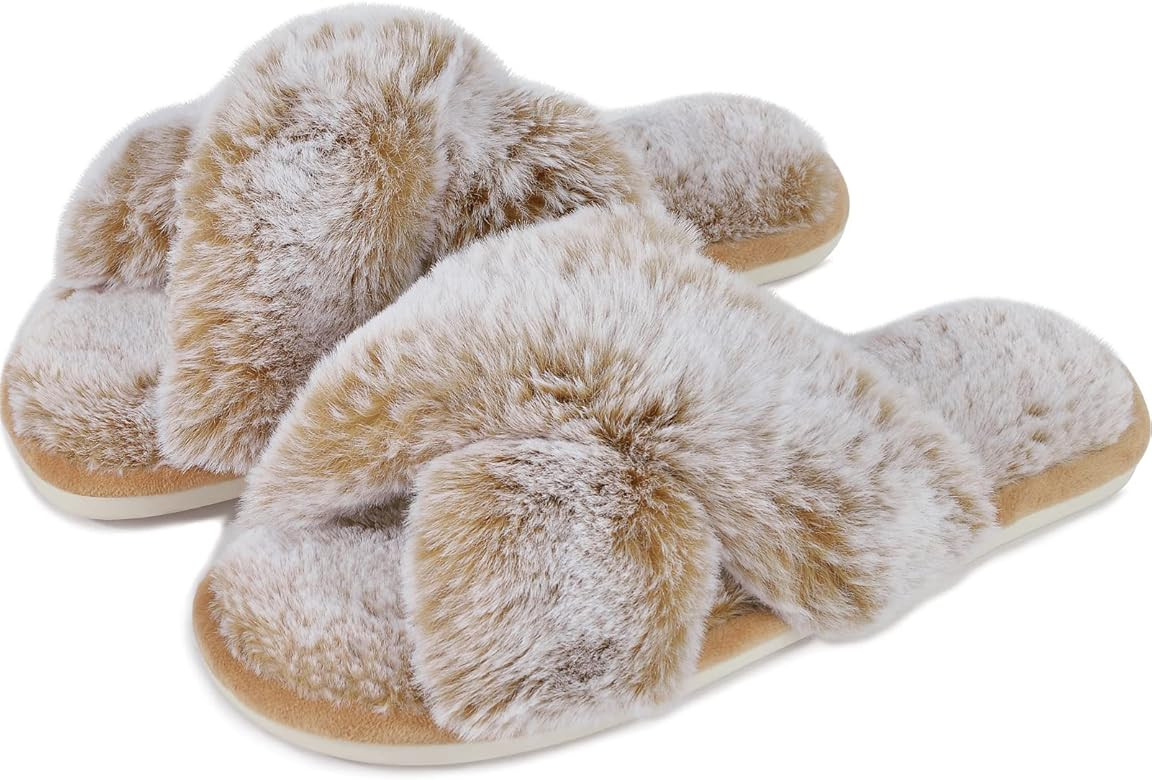 Cozyfurry Women's Fuzzy Slippers Cross Band Soft Plush Cozy House Shoes Furry Open Toe Indoor or ... | Amazon (US)