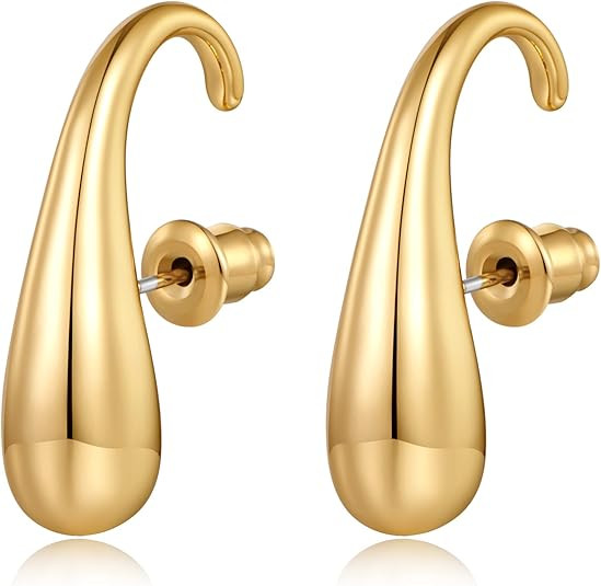 Chunky Thick Teardrop Earrings for Women Gold Hoop Earrings Cut Polished Droplet Earrings | Amazon (US)