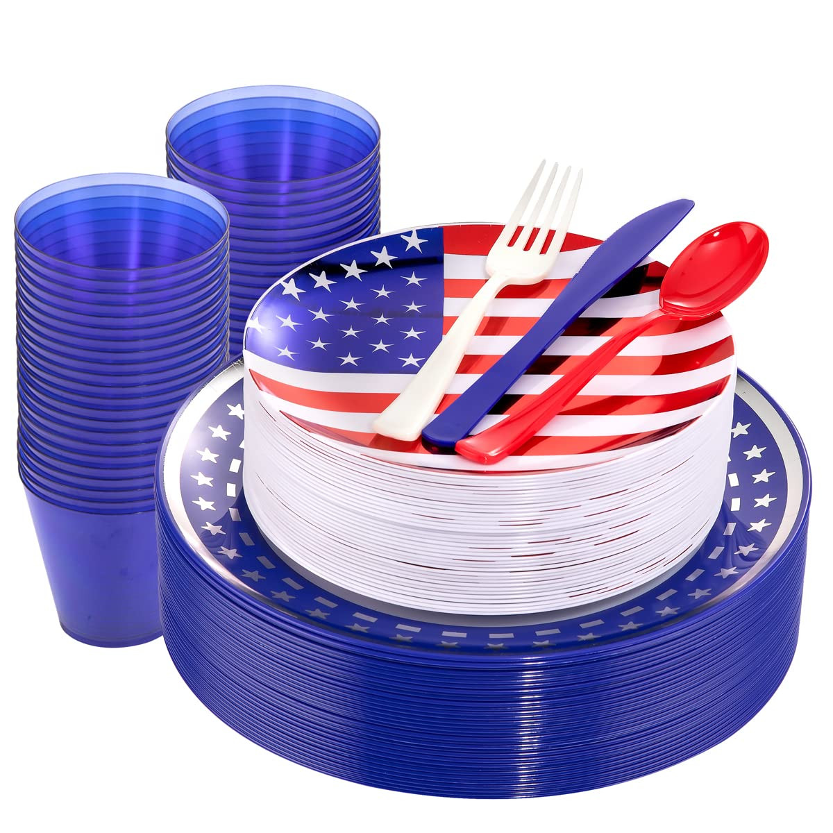 PULOTE 150PCS 4th of July Plates&Blue White Red Plastic Silverware&Clear Blue Cups, American Flag... | Amazon (US)