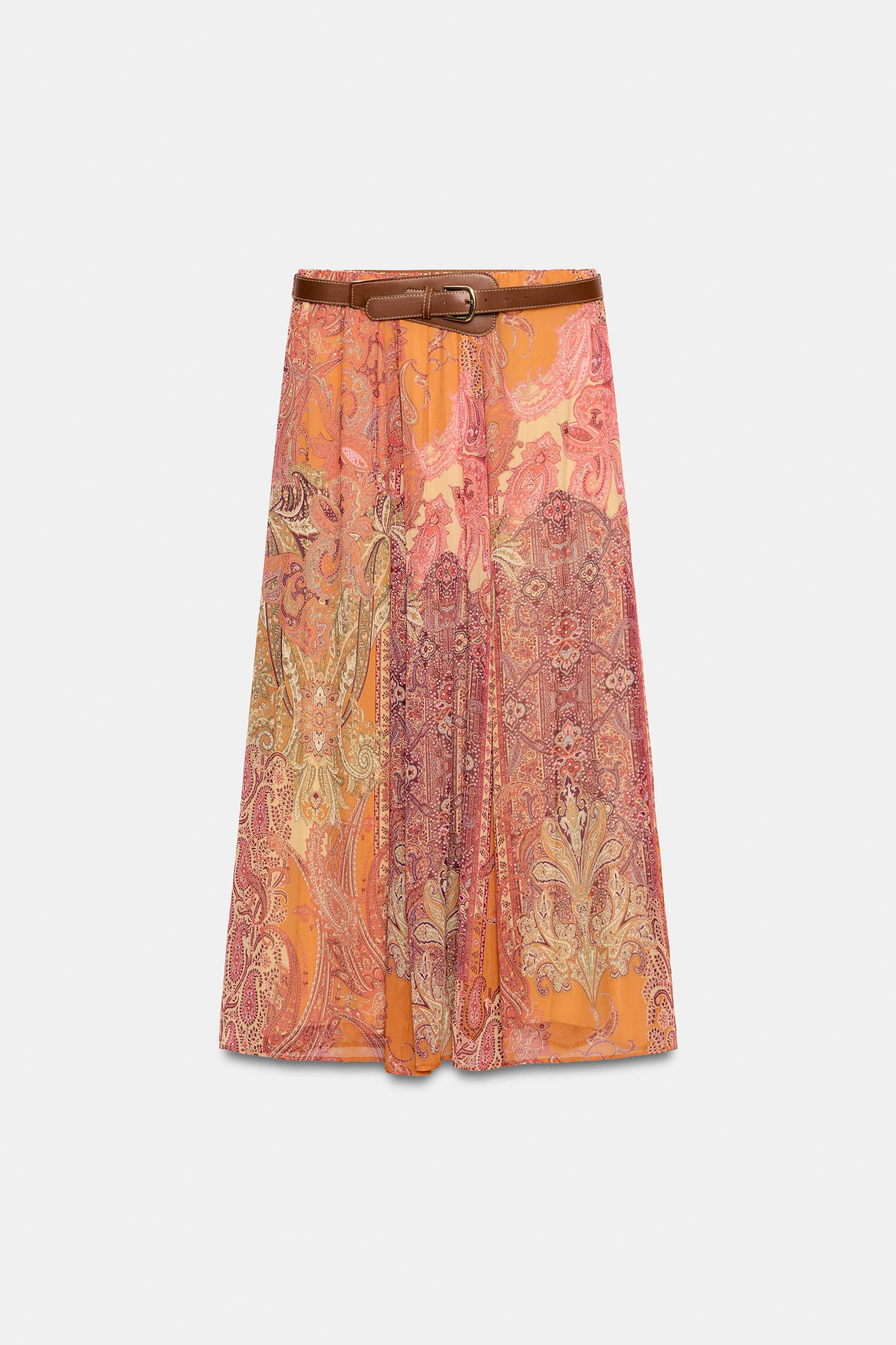 PRINTED MIDI SKIRT WITH BELT | Zara US
