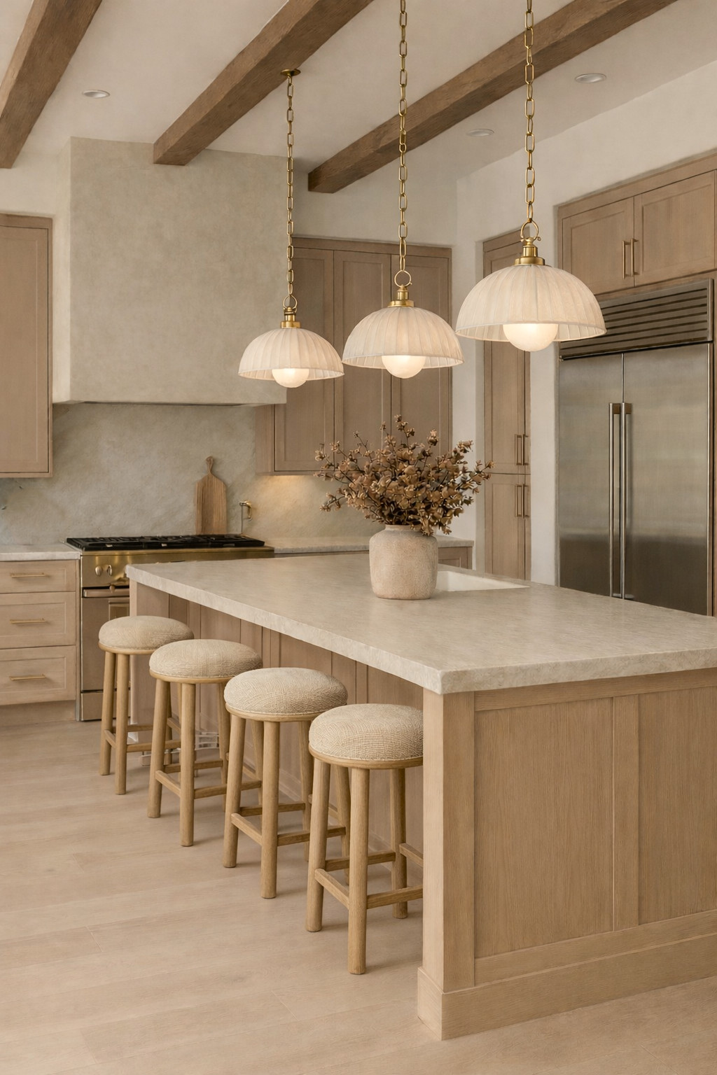 white oak counter stools . over island pendant light . countertop styling . kitchen design . kitchen inspo . cabinet hardware . delta champagne bronze faucet 

 #LTKHome
