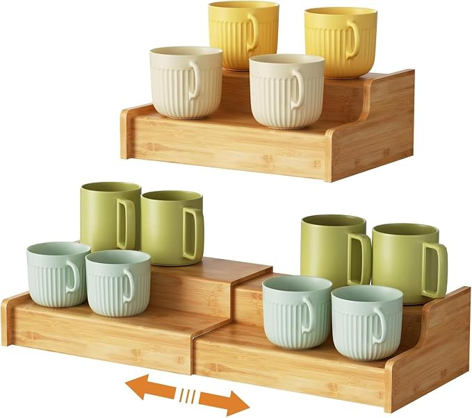 Hongtamoya 2-Tier Expandable Bamboo Coffee Mug Holder, Mug Organizer for Kitchen Cabinets, Mug Cu... | Amazon (US)