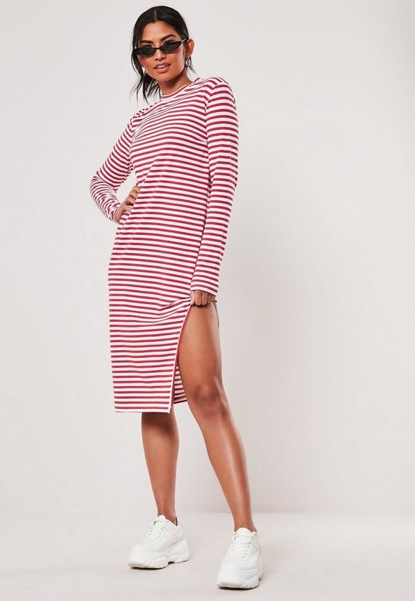 Red Stripe Side Split Midi Dress | Missguided (US & CA)