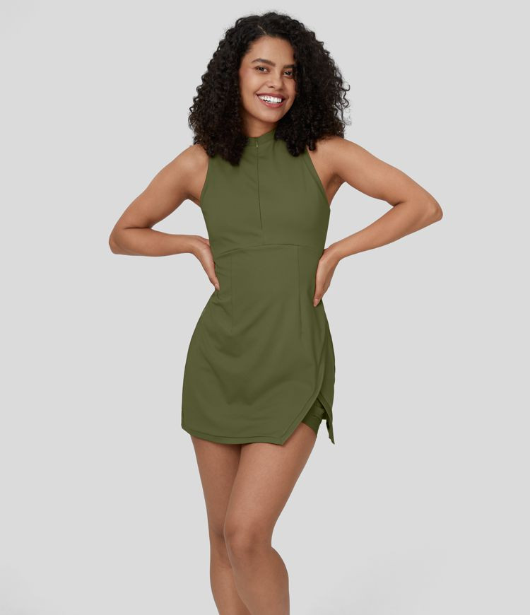 Zipper Racerback Split Side Pocket 2-Piece Mini Tennis Active Dress | HALARA