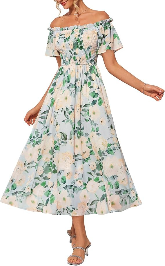 GRACE KARIN Women's 2025 Summer Floral Smocked Off Shoulder Flowy A Line Maxi Dresses Formal Wedd... | Amazon (US)