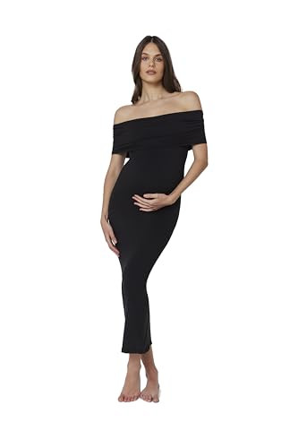BUMPSUIT Off The Shoulder Maternity Dress for Pregnancy, Stretchy Fabric Foldover Neckline Ladies Long Maternity Maxi Dress Black | Amazon (US)
