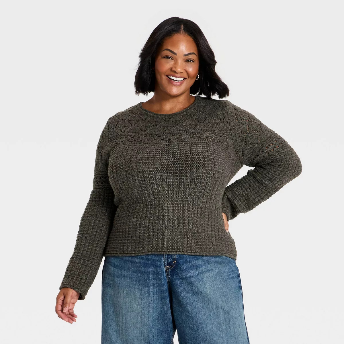 Women's Waffle Crewneck Pullover Sweater - Universal Thread™ Dark Brown XXL | Target