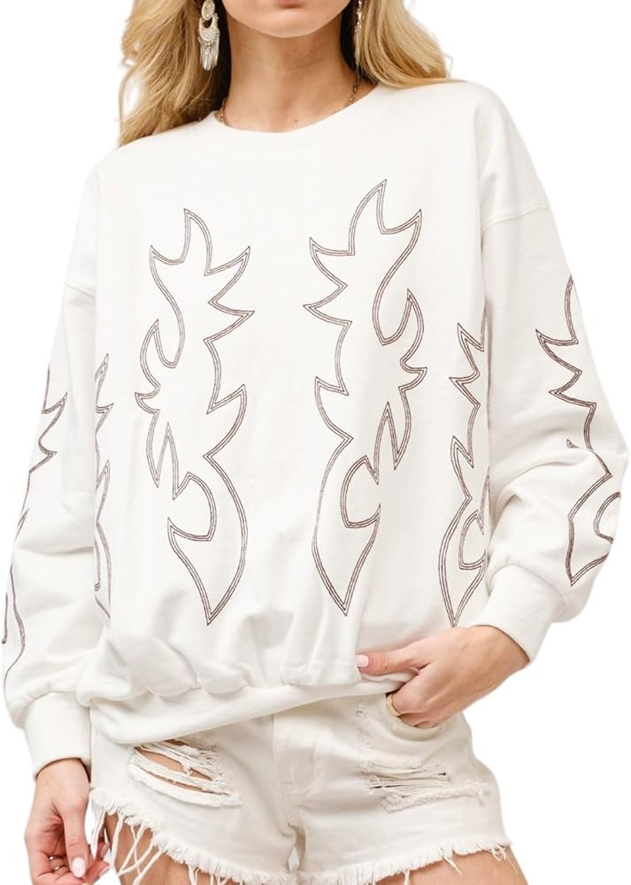 Women's Western Boots Stitch Sweatshirt Retro Crewneck Pullover Long Sleeve Pullover Sweater Tops | Amazon (US)