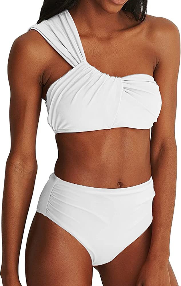 Womens One Shoulder Bikini Sets Ruched High Waisted White Swimsuit White Bikini White Bathing Suit | Amazon (US)
