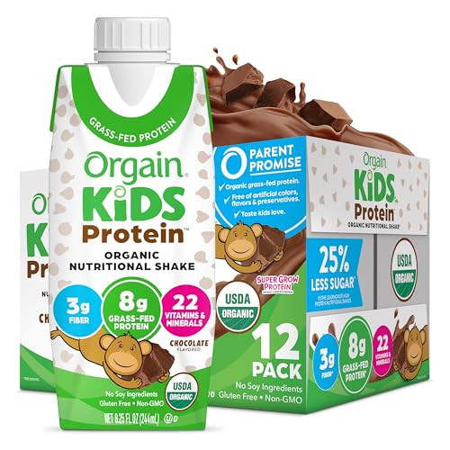 Orgain Organic Kids Nutritional Protein Shake, Chocolate, Healthy Kids Snacks, 8g Dairy Protein, 3g Fiber, 22 Vitamins & Minerals, No Soy Ingredients, Gluten Free, Non-GMO, 8.25 Fl Oz (Pack of 12) | Amazon (US)