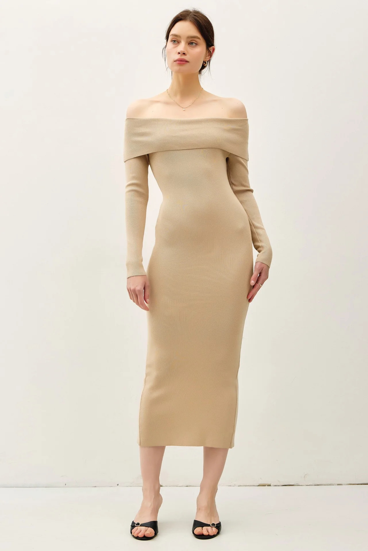 Beige Knit Off Shoulder Long Sleeve Midi Dress | PinkBlush Maternity
