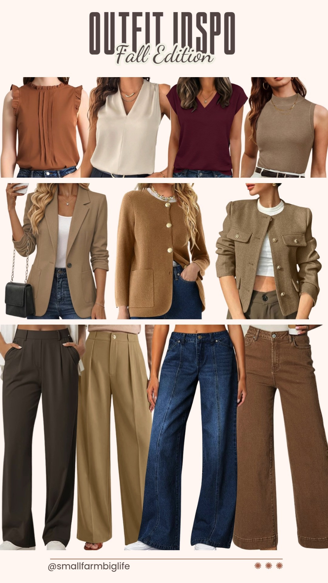 Fall Outfit Inspo from Amazon, business casual edition. Building out a work wardrobe for the office, daily errands, going out, brunch, and date nights this season.

This dark red textured V neck blouse is a great summer to fall transition piece with a flattering fit. Paired here with a caramel brown sleeveless business blouse that's dressy enough for the office but comfortable enough to wear all day, and a beige pleated V neck top that works perfectly layered under blazers or worn on its own for interviews and professional settings.

For outerwear, this light brown cropped tweed blazer with gold buttons gives old money vibes and is collarless for an easy button down layer. The dark khaki ruched blazer is lightweight, slightly stretchy, and fitted for a petite friendly, slimming silhouette with pockets. If you prefer a softer layer, the dark khaki knit cardigan blazer has the same tailored, buttoned look in a cozy sweater knit. The light brown mock neck sweater tank is a soft, breathable wool blend basic that layers under any of these for your daily office commute.

On the bottom half, these high rise wide leg trousers come in three inseam lengths for a tailored, adjustable fit with pockets. The khaki wide leg dress pants have an elastic waist and pleated, flowy palazzo style that's great for teachers and interview outfits. For a more casual take, the navy wash wide leg jeans have a boyfriend fit with front seam detailing for a trendy going out look, or try the brown stretch wide leg denim for a loose, baggy fit that's casual and comfortable.

Shop the full collage below and let me know which pieces you'd style first.

#falloutfitinspo #businesscasualoutfits #amazonfashionfinds #officeoutfits #capsulewardrobe #oldmoneystyle #widelegtrousers 

 #LTKootd #LTKOver40 #LTKWorkwear