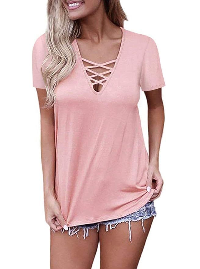 Adreamly Women's Short Sleeve Criss Cross V Neck Tops Basic Lace Up Blouse | Amazon (US)
