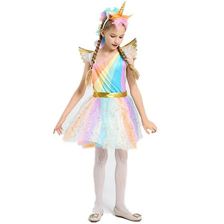 Girls Unicorn Costume Rainbow Dress with Wing Headband for Halloween Party - Walmart.com | Walmart (US)
