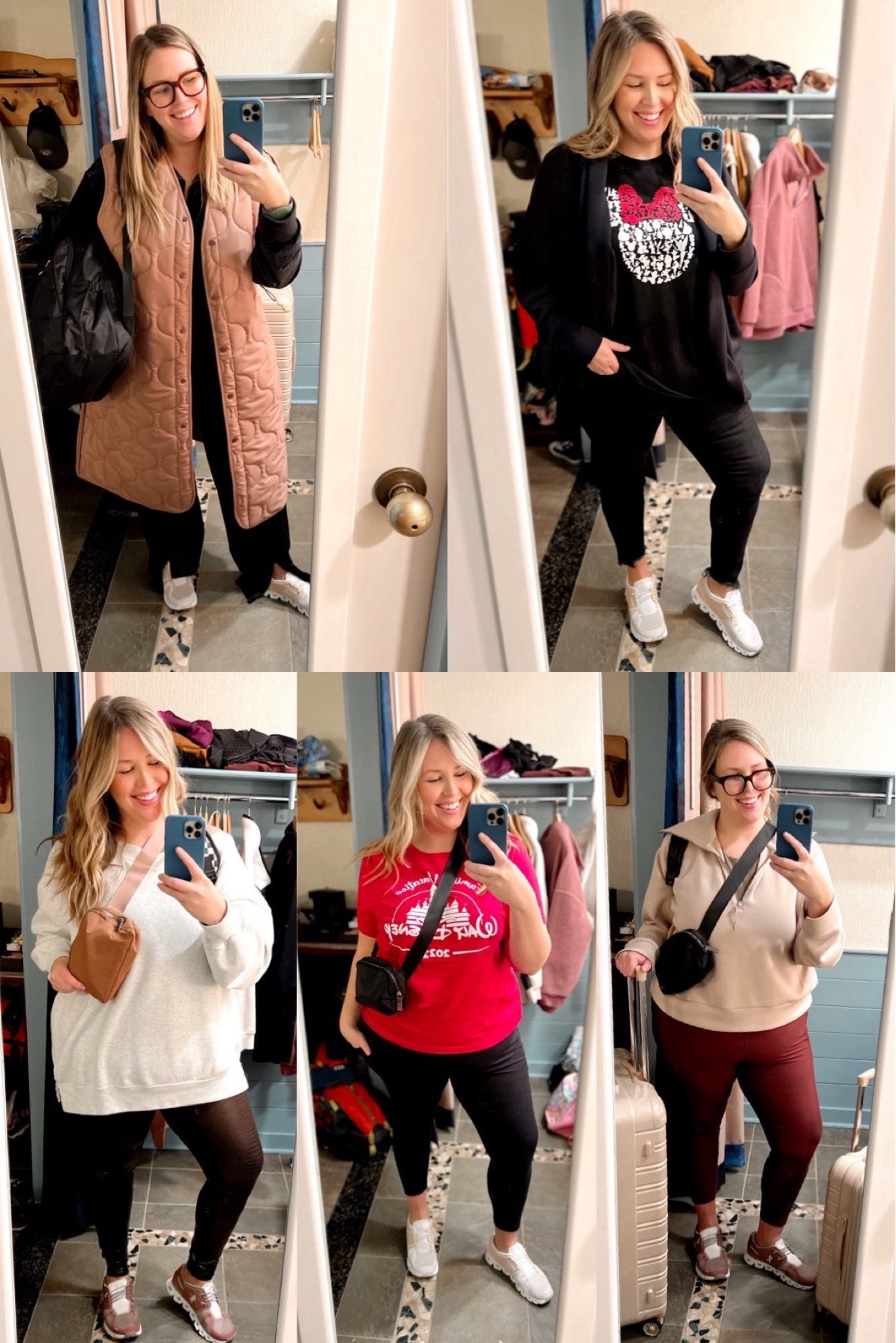 Plus Size Disney Outfits from last year! Look one (top left) - Velvet Spanx set (2X - use code ASHLEYDXSPANX for a discount), a pair of On Coud sneakers, a vest from GSTQ and LIFE glasses.
Look two (top left) - t-shirt from Etsy (XXL) Spanx Cocoon Cardigan (2X), a pair of Good American jeans (18), On Cloud sneakers. Look three (bottom left) - Spanx Croc Shine Leggings (2X), a sweatshirt from Abercrombie (XXL), Old Navy PowerChill bra tank (2X), and an Amazon belt bag. Look four (bottom middle) - black workout pants with pockets from Freely, another cute t-shirt from Etsy (Men's XL), and an Amazon belt bag. Look five (bottom right) - Workout pants from Abercrombie (XXL), Spanx AirEssentials pullover (2X), Old Navy PowerChill sports bra tank (2X), and an Amazon belt bag.

#LTKSeasonal #LTKtravel #LTKplussize