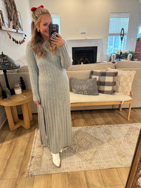 Last minute family picture outfit: maxi sweater dress from Abercrombie (wearing a Large), faux leather white boots from Old Navy, earrings from Anthropologie. This would also be a great look for the holidays just add a festive earring! 

#LTKmidsize #LTKfindsunder100 #LTKstyletip